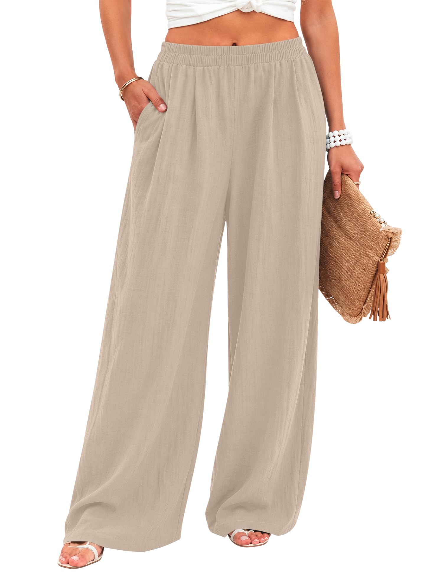 Rapbin Leinenhose Damen Sommer Sommerhose Damen Leicht Stoffhose Damen mit weitem Bein Luftige Strandhose Lässige Freizeithose Elegant Einfarbig mit Taschen