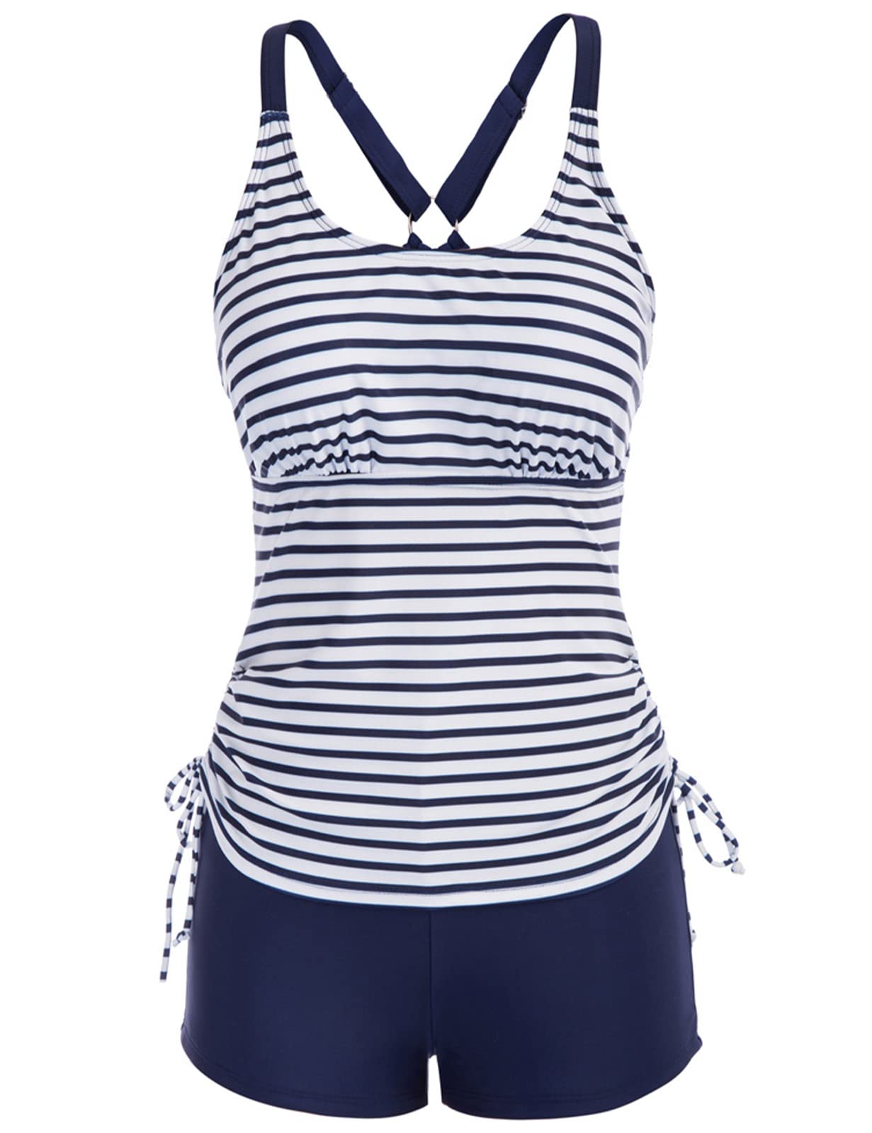 Women's Strappy Tankini Swimsuits Drawstring Bathing Suits Two Piece Floral Print Swimwear with Shorts