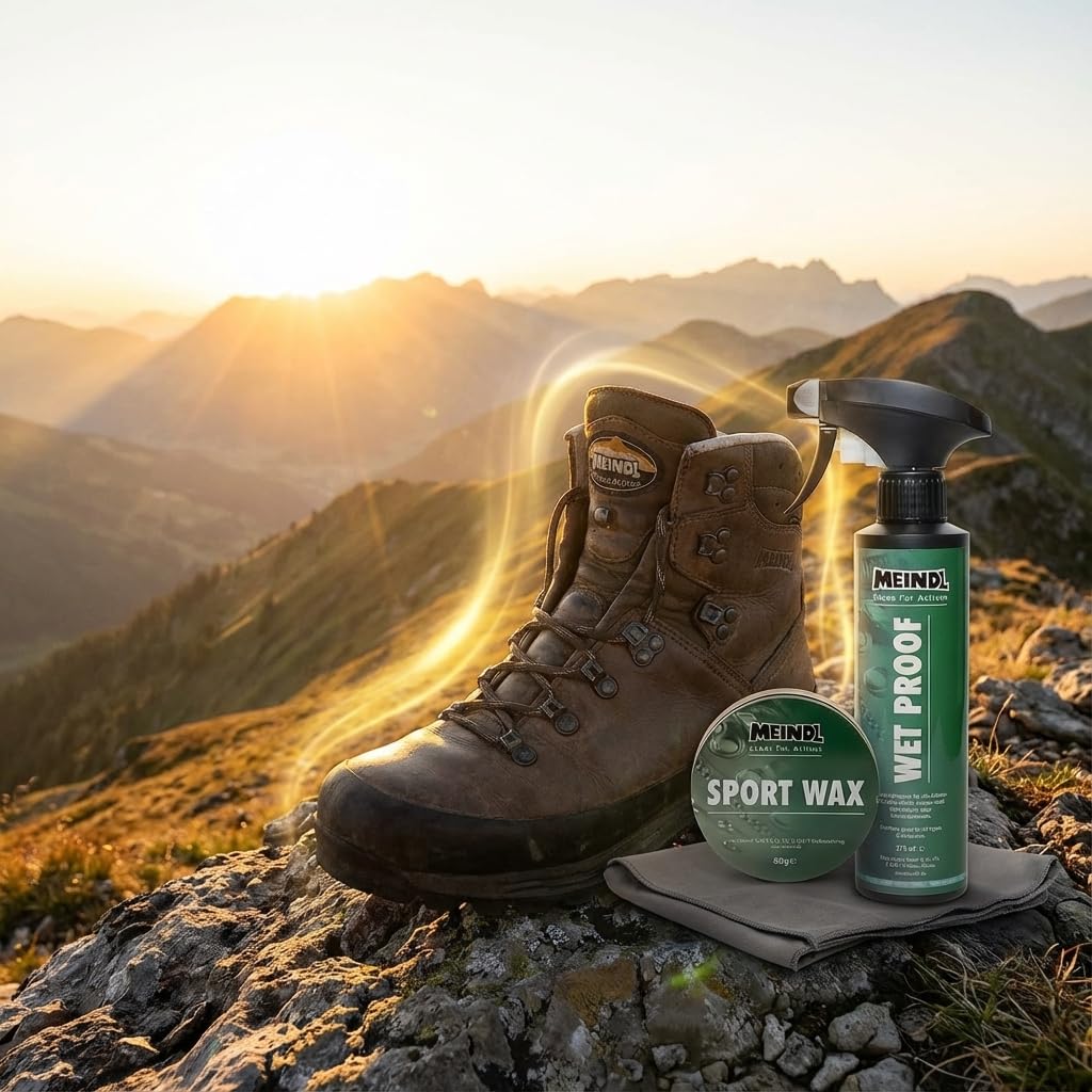 RENNER XXL Meindl Premium-Schuhpflegeset für Stiefel – Sportwax & Imprägnierer – Wet Proof für Leder, Nubuk & Outdoor-Schuhe – Komplettes Pflege-Set