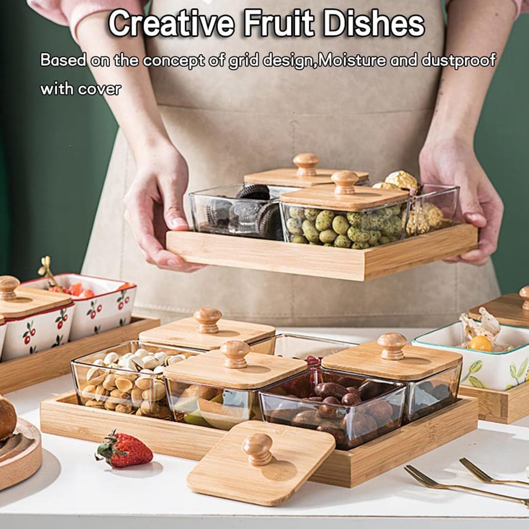 Plateau de service divisé en bambou avec couvercle, organiseur de collations carré pour fêtes, plateau de fruits en bois et boîte de rangement pour bonbons