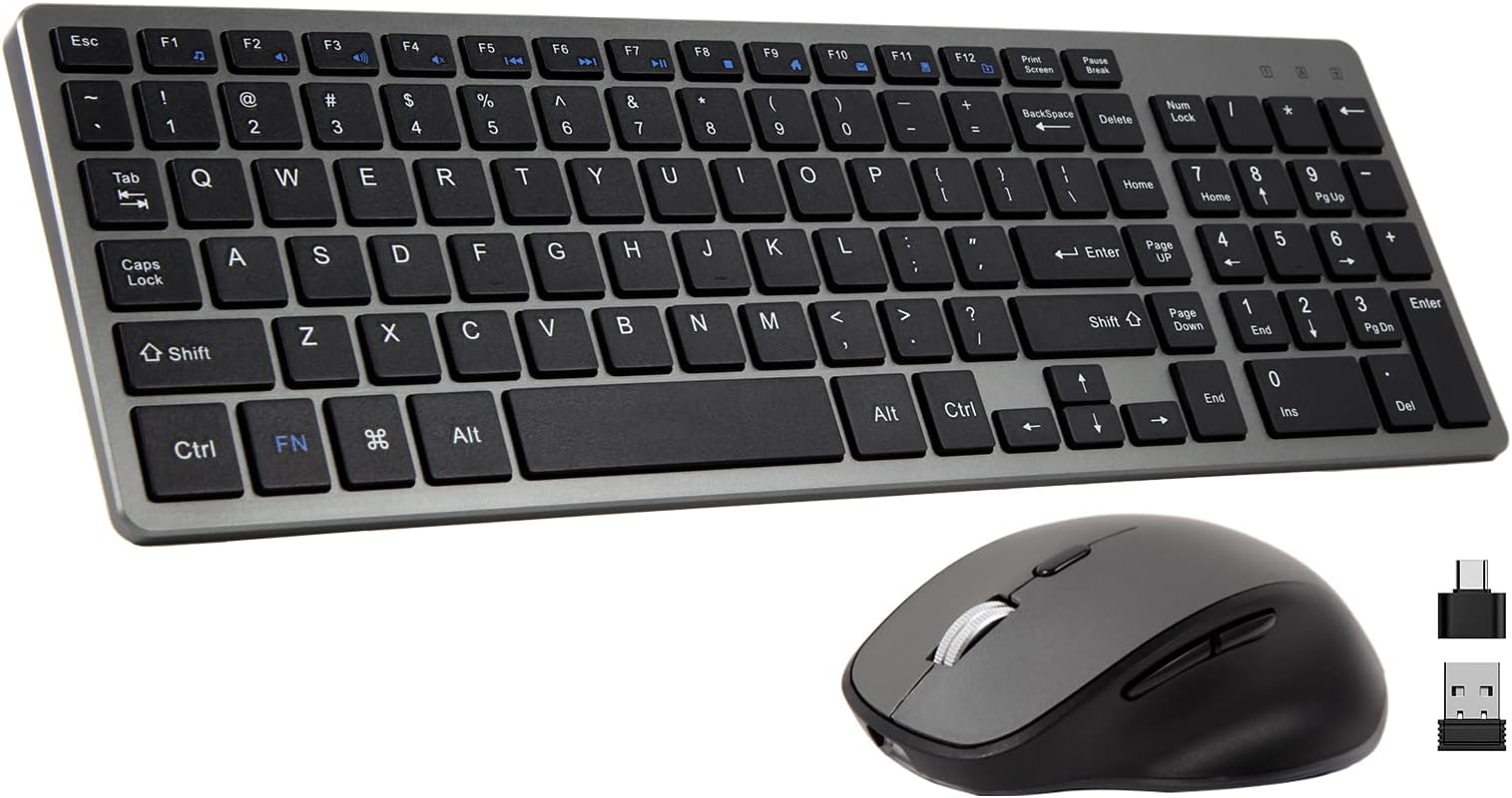 Rechargeable Wireless Keyboard and Mouse Combo, SHUNJINRUN USB Cordless Slim Compact Full-Size Keyboard and Ergonomic Silent Mouse with Side Buttons, for Windows,PC,Computer,Laptop,Chromebook - Gray