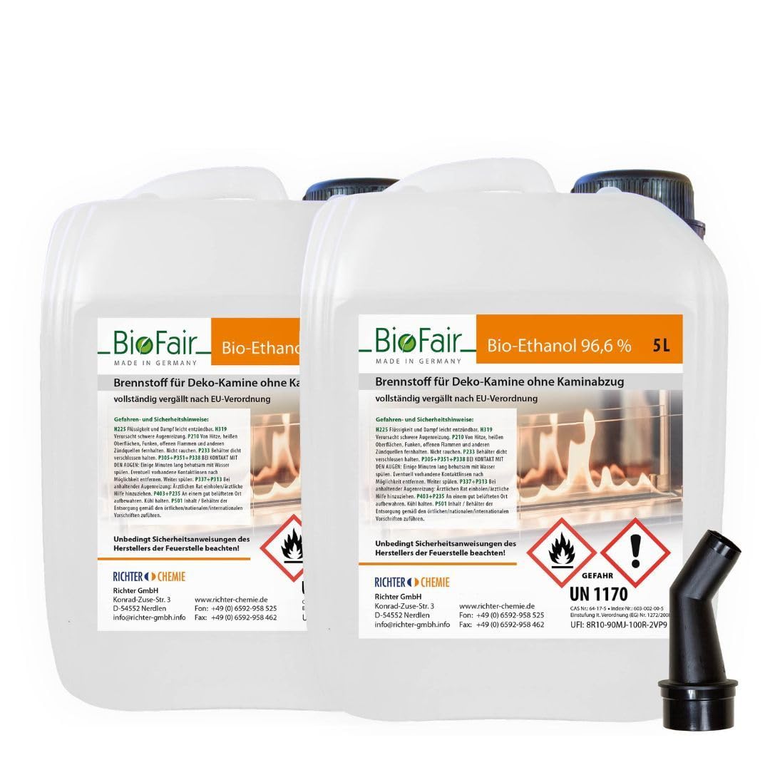 BioFair Bioethanol - Reiner Brennstoff - Bioethanol für Bioethanolkamin, Ethanol Tischkamin, Wandkamin Indoor - 2 x 5 Liter