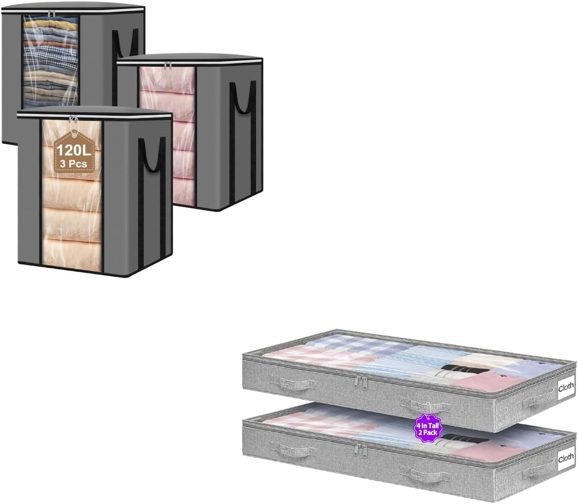 Extra Large Blanket & Clothes Storage Bags for Bedding & Comforters & Pillow & Under Bed Storage, Below 4 Inches High Underbed Storage Containers