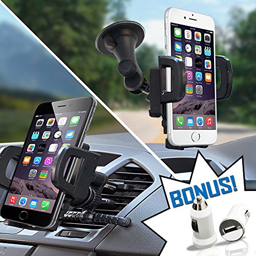 TidalTek Cell Phone Car Mount + USB Charger Adapter. Air Vent/Windshield 2-in-1 Smartphone/GPS Holder w/3-Sided Grip Cradle. Fits iPhone 8/7/7+/6S/6+/5S, Samsung Galaxy S5/S6/S7/S8, Google, LG & More