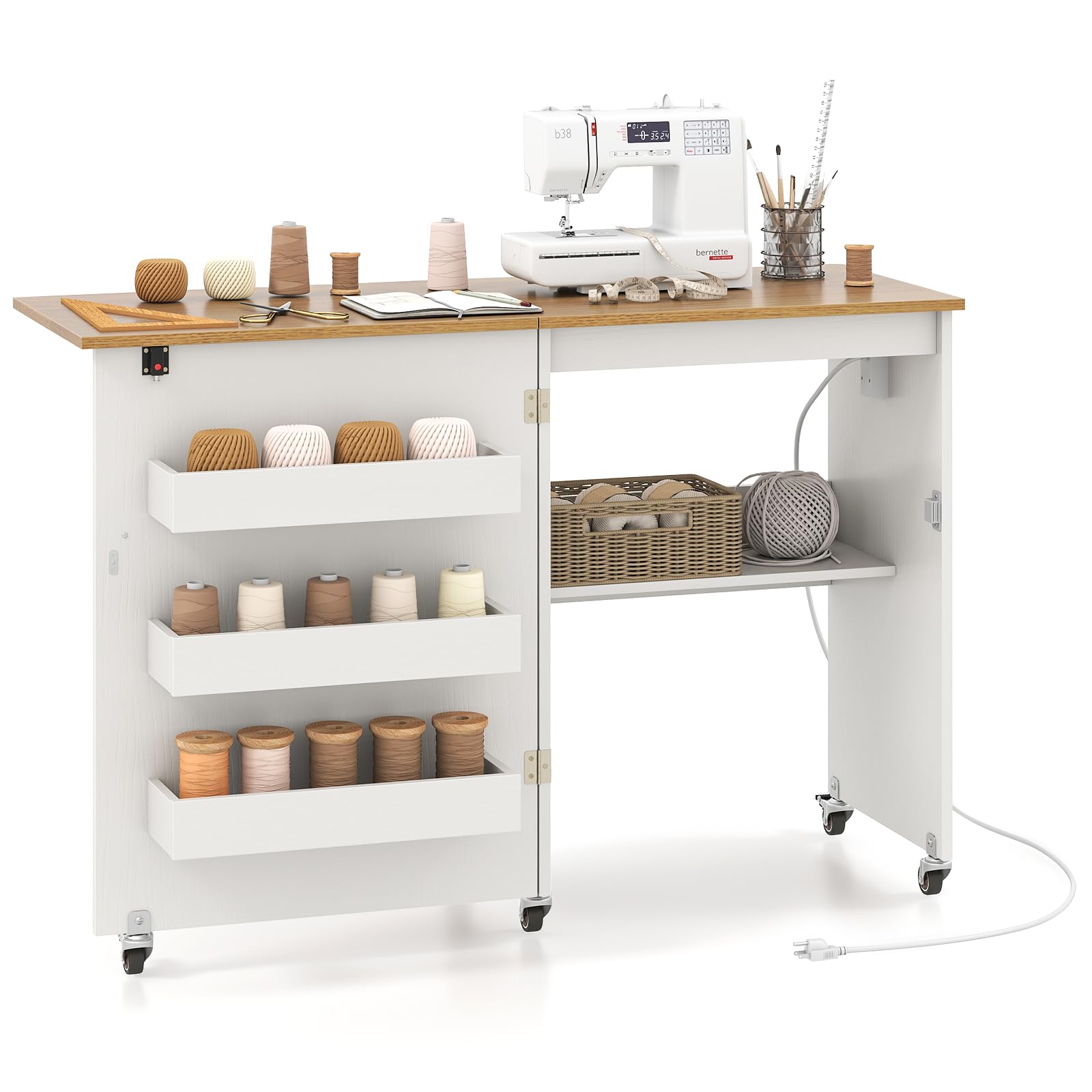 COSTWAY Table de machine à coudre avec station de charge, armoire à couture pliable avec roulettes verrouillables, étagère à 3 niveaux, support central, porte magnétique, petit bureau de couture pour