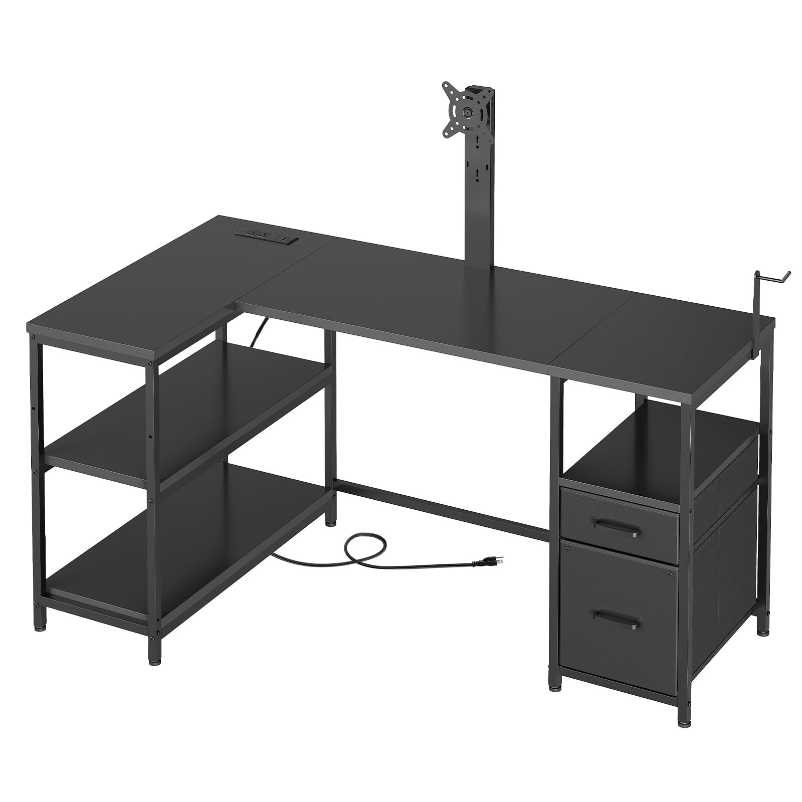 YATINEY L Shaped Computer Desk with Adjustable Monitor Stand, Gaming Desk with Power Outlets, Office Desk with Fabric Drawer, File Drawer and Hook,