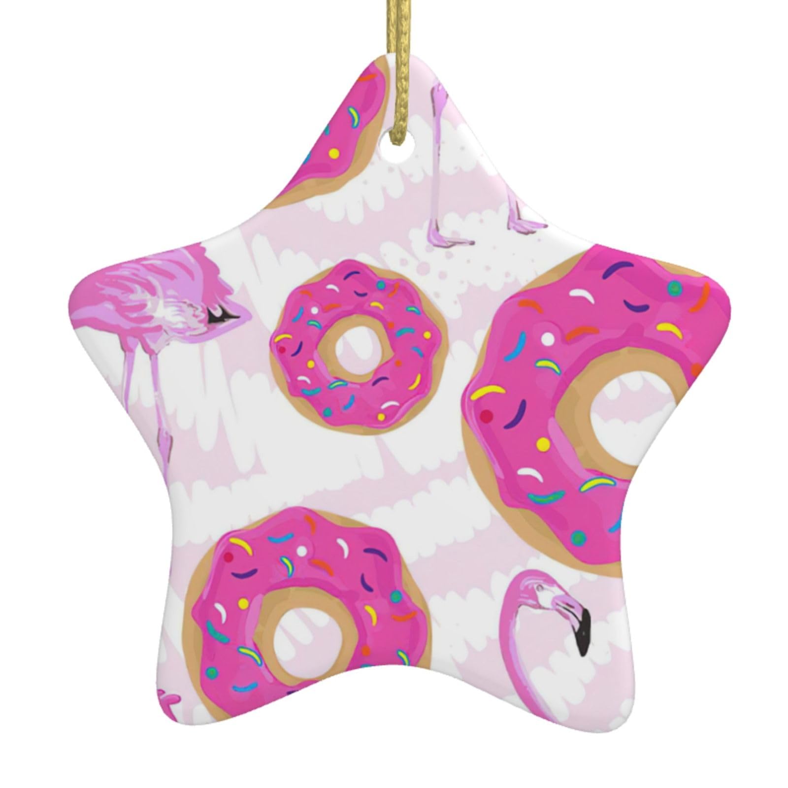 Flamingo And Donuts Print Christmas Ornaments, Ceramic Hanging Ornament, Round Shape Decorations