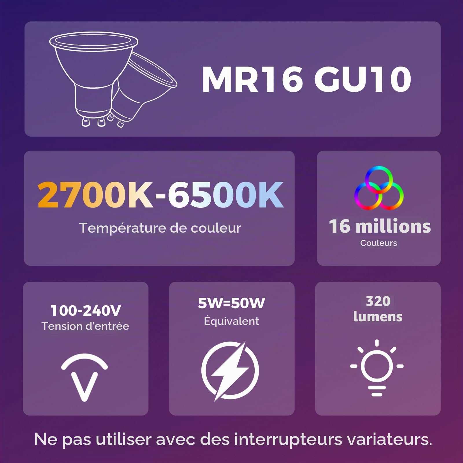 DiCUNO Ampoule Connectée GU10, 5W Équiv 50W, 2700K-6500K, 320lm, Lot de 4 | Ampoule WiFi LED Intelligente compatible avec Alexa et Google Home, Spot GU10 multicouleur RGBCW, Sans Hub Requis