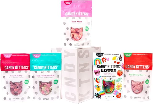 Vegan Sweets Gift Box, CANDY KITTENS GOURMIES, 5X Sweet Bags Packed with Fruit Juice & Natural Ingredients, Big Flavours from Little Kittens, Halloween Sweets Hamper,Various Flavours