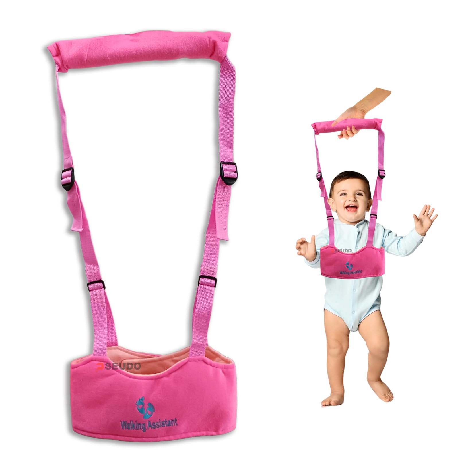 PSEUDO Baby Walker, Hand held Kids Walker Harness, Breathable Adjustable Detachable Baby Walker Protective Belt, Safe Standing & Walk Tool-Help Baby Keep Balance Walk for 7-24 Month Old (Pink)