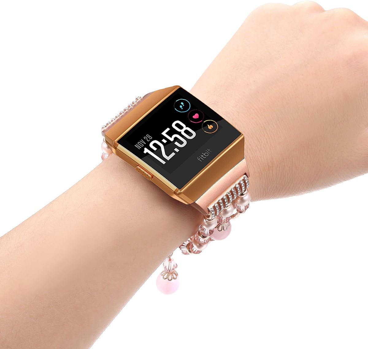 fastgo Bling Band Compatible for Fitbit Ionic for Women, Handmade Elastic Beaded Bracelet Replacement Accessories Wristband(Pink)