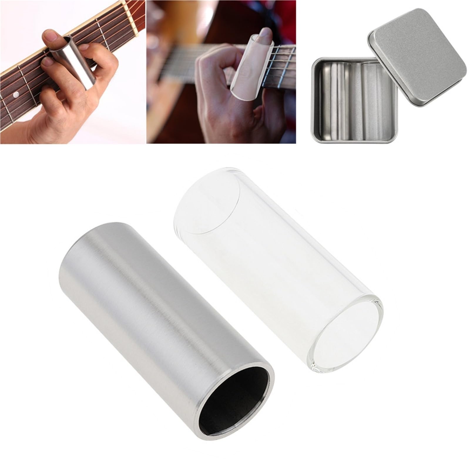 Set Di 2 Slide Per Chitarra In Vetro E Acciaio Inossidabile Lunghezza 60 Mm Con Custodia In Metallo Attrezzi Liutaio Principianti