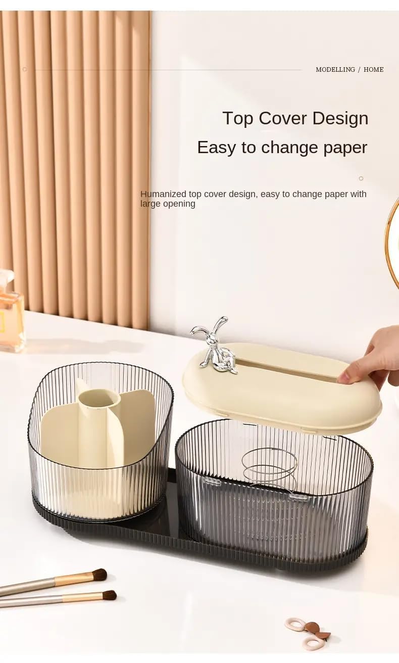 AMPLIN Modern Vanity Organizer Set with Tissue Box, Ribbed Glass Storage Container, Grey, 38x13.5x14.5cm, for Bathroom Countertop, Makeup Storage 4