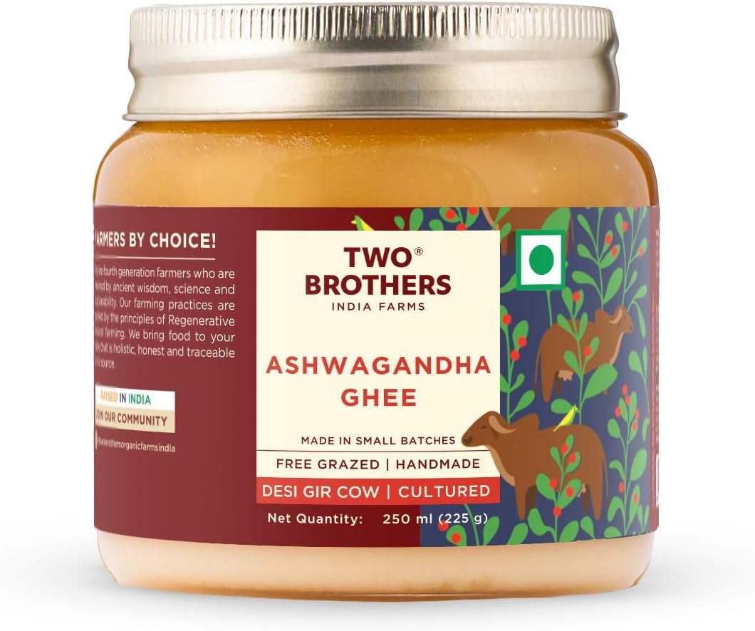 TWO BROTHERS INDIA FARMS - Ashwagandha Ghee (250Ml) | Desi Gir Cow Cultured Ghee | Cultured And Desi Gir Cow Ghee | Curd Churned Bilona Method