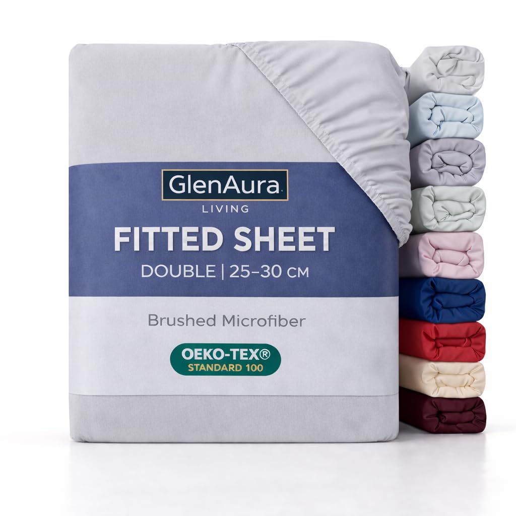 GlenAura Living Fitted Sheet Double, Light Grey - Deep Pocket 25cm - OEKO-TEX Certified - Brushed Microfibre - Bed Sheet, Soft Stretch Fit, Wrinkle Fade & Shrink Resistant — image 1