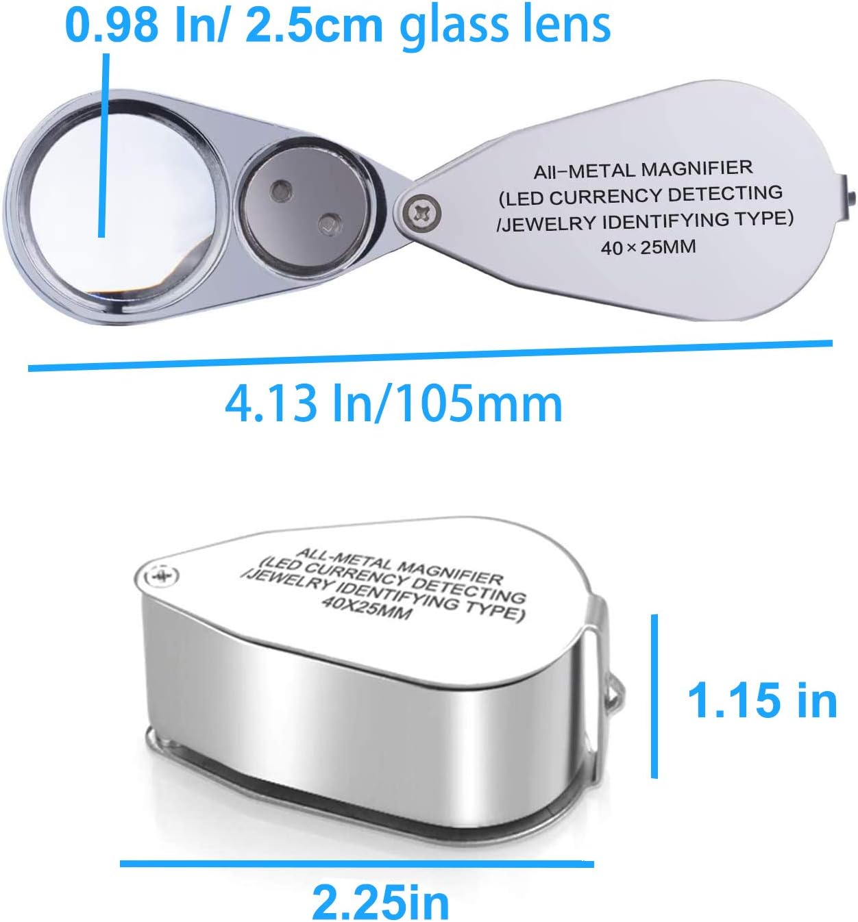 40X Metal Illuminated Jewelers Loop Magnifier Glass, JLY Loupe Magnifier with Light and Pocket Folding, Handheld Jewelers Eye Loop for Jewelry Identifying, Currency Detecting, Rock Collecting, Stamps : Arts, Crafts & Sewing