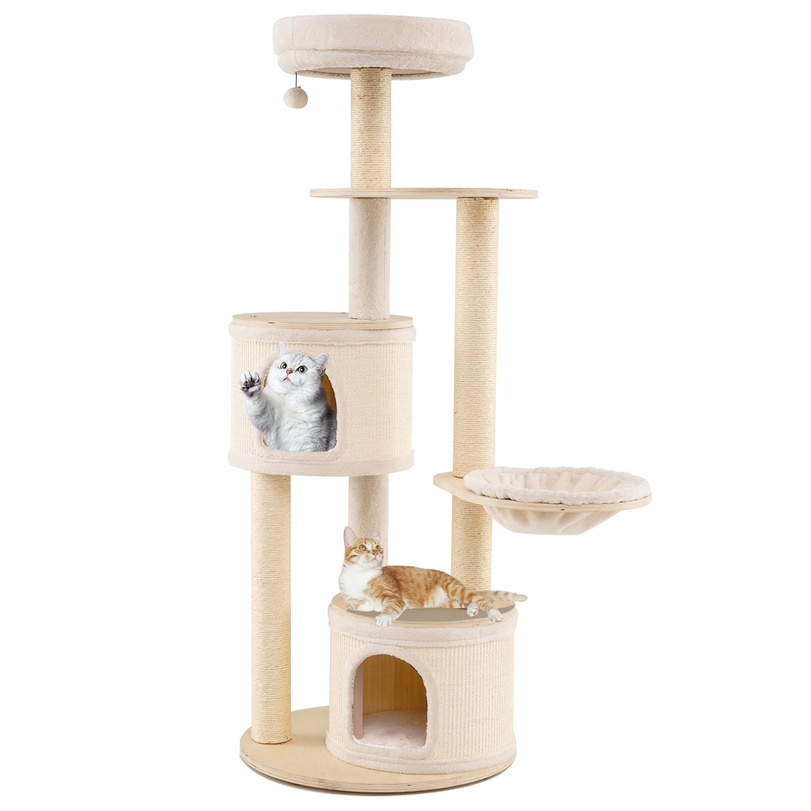 COSTWAY Kratzbaum Groß, Katzenbaum mit 2 Katzenhöhlen, Korb, Sisal-Kratzpfosten, Spielball & Plattform, Katzenkratzbaum Katzen Katzenmöbel, Kletterbaum Aktivitätsbaum, Holz, Natur, 152 cm hoch