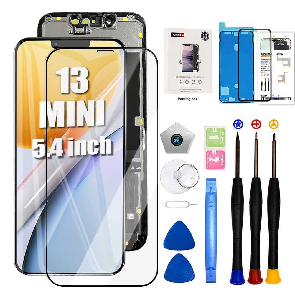 EFAITHFIX for iPhone 13 Mini Screen Replacement 5.4 Inch LCD 3D Touch Display Full HD Digitizer Frame Assembly (A2481,A2626,A2628,A2629,A2630) with Repair Tools Screen Protector Waterproof Adhesive