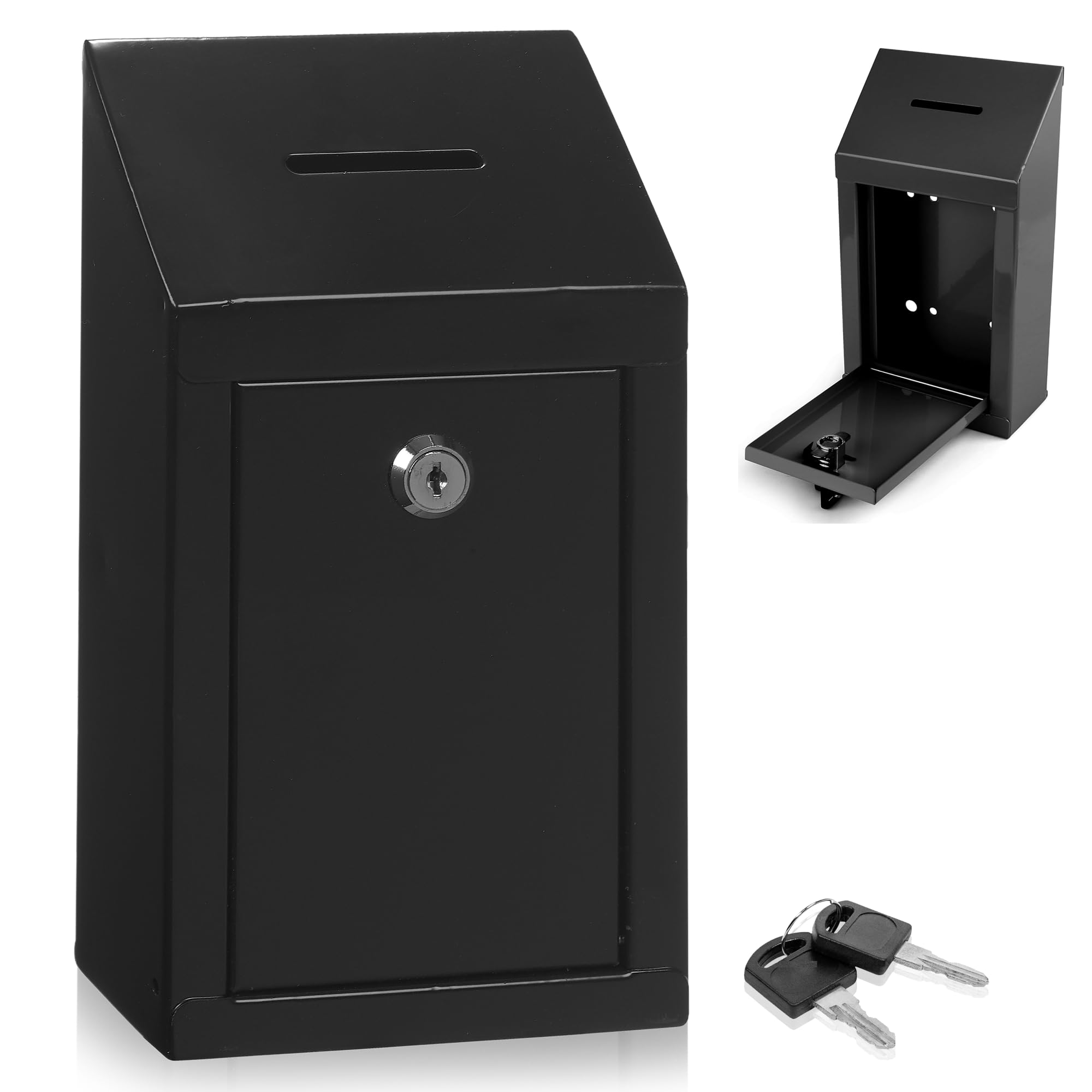 Metal Donation Box-Suggestion Box with Slot and lock-Cash Lock box for Money-Secure Drop Box-Comment and ballot voting box-comes with pre-drilled holes for easy wall mounting 10 X 6 X 2.5"(Black)