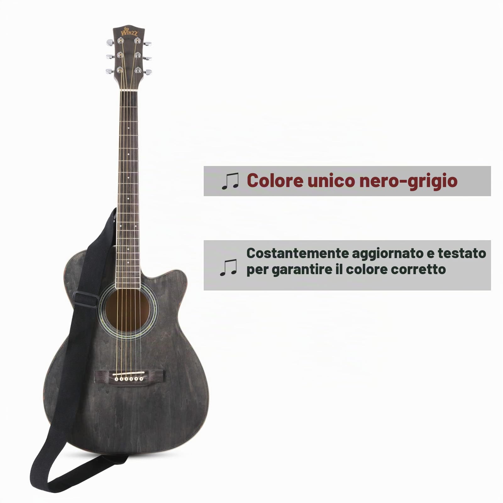 Winzz Chitarra Folk per Bambini 36 Pollici, Dimensione 3/4 Chitarra Acustica Nero-grigio Kit per Principianti