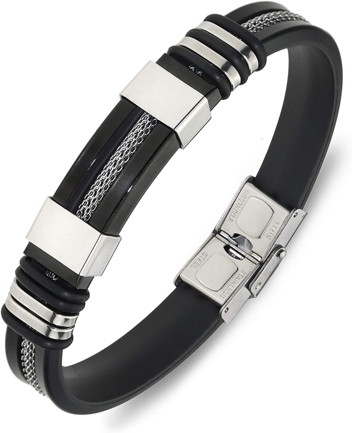 Men's Adjustable Bracelet Silicone Wrap Bracelet Stainless Steel Cuff Bracelet