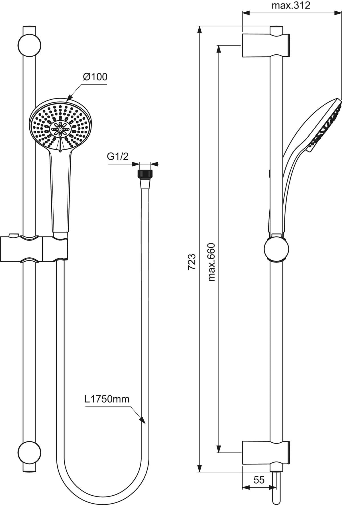 Zestaw drążków prysznicowych Ideal Standard B9508AA, seria M3 Smart, drążek prysznicowy 720 mm o średnicy 100 mm, słuchawka prysznicowa chromowana