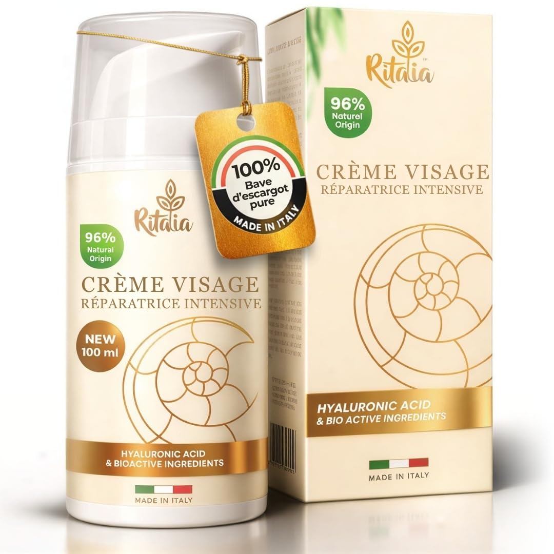 Crème visage 100 ml à la bave d'escargot à 75% et à l'acide hyaluronique pur de Ritalia, pour femme et homme – Ingrédients bio, action anti-rides et hydratante