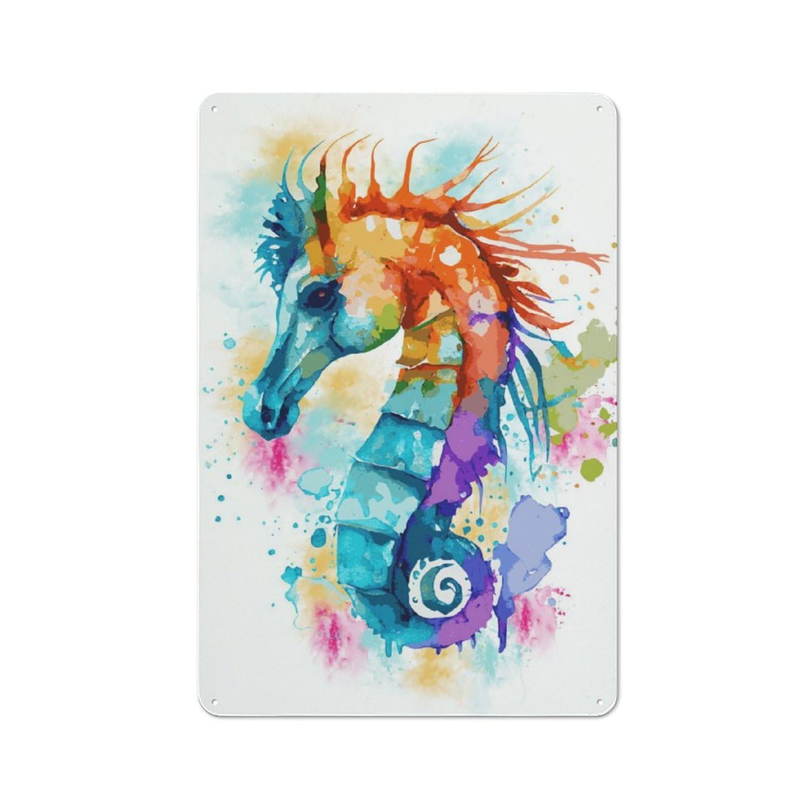Junmoney Watercolor Sea Horse Art Shed Style Metal Wall Decor 30X20cm, Tin Sign For Conservatory, Home Bar Or Utility Room
