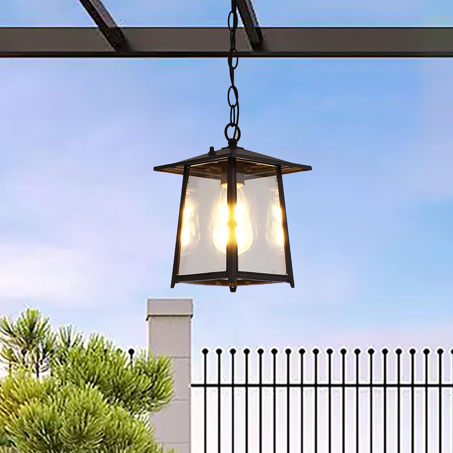 XINYASEE Farol Colgante de Techo cuadrada Exterior,Lámpara colgante sencilla de un cabezal de aluminio fundido con cristal,E27 Lámpara de Techo para Jardín Terraza Balcón,Patio e interior (A)