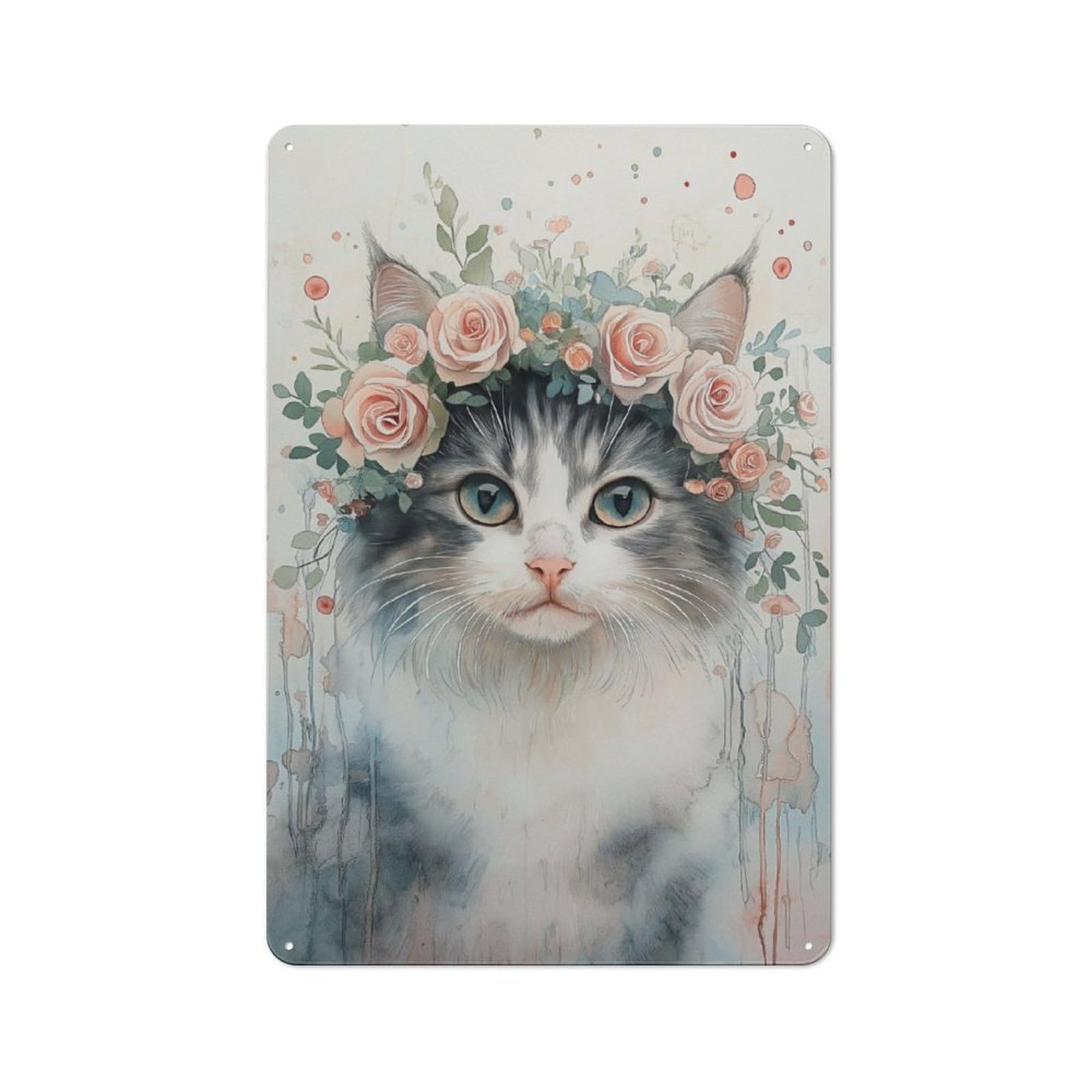 Junmoney Cat With Floral Crown Metal Plaque 30X20cm With For Pub Or Café, Rustic Decor, For Garage, Workshop And Man Cave Decoration