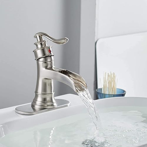 Miniatura 3 de Grifo de baño para lavabo, de níquel cepillado, tipo cascada, estilo antiguo, montaje sobre el lavabo, manija única, orificio único, con tapón de