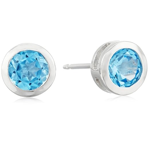 Amazon Collection Sterling Silver Genuine Swiss Blue Topaz 5mm Bezel Set December Birthstone Stud Earrings