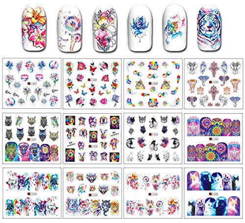HAOYAN Colorful Flower and Animal Nail Stickers Nail Art Supplies Water Transfer Nail Decals 12 Sheets Cat Butterfly Design Nail Art Stickers Nail Decorations Manicure Decals for Nails Design Decor