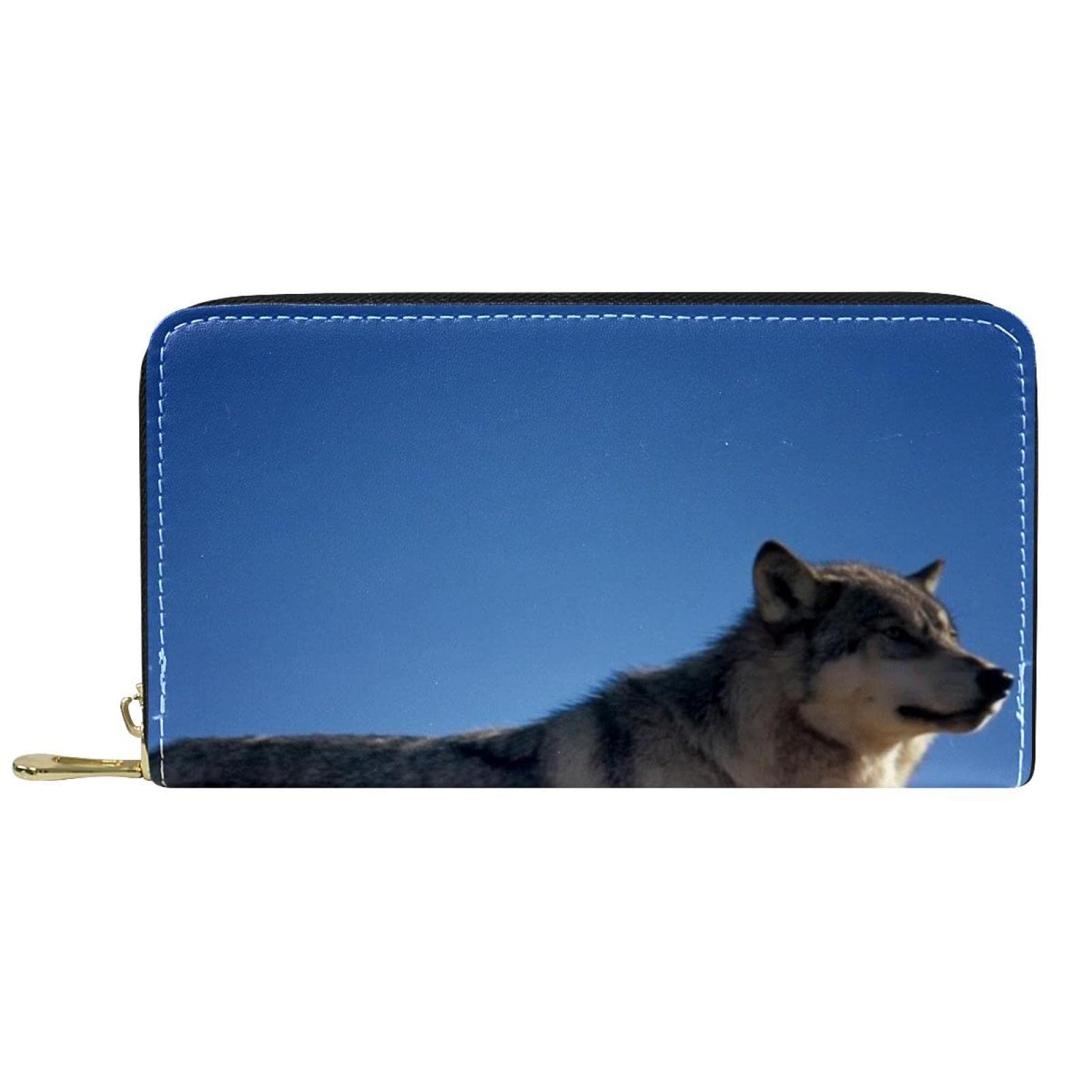 Cartera de cuero con cremallera larga con patrón de lobo, Varios colores, 20.5x2.5x11.5cm/8.07x1x4.53 in, Classic