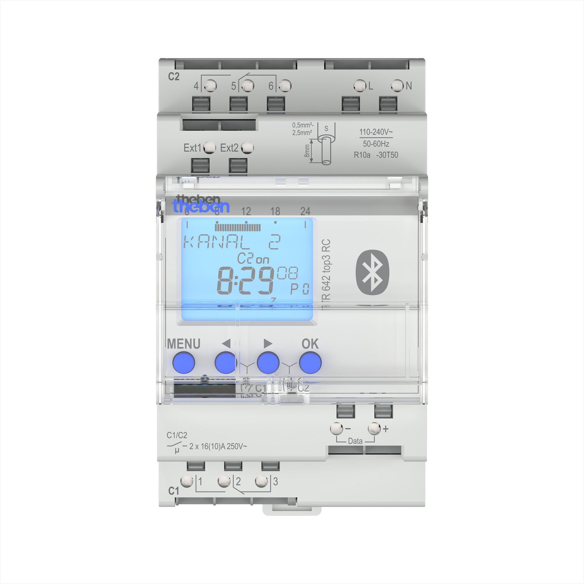 Theben 6420330 TR 642 top3 BLE RC interruptor horario anual 2 canales Astro | 600 W LED, 10 años reserva, +/-0,5 s/día o DCF/GNSS antena, 800 A/200 µs, 2 entradas ext., Bluetooth/App, 800 memorias