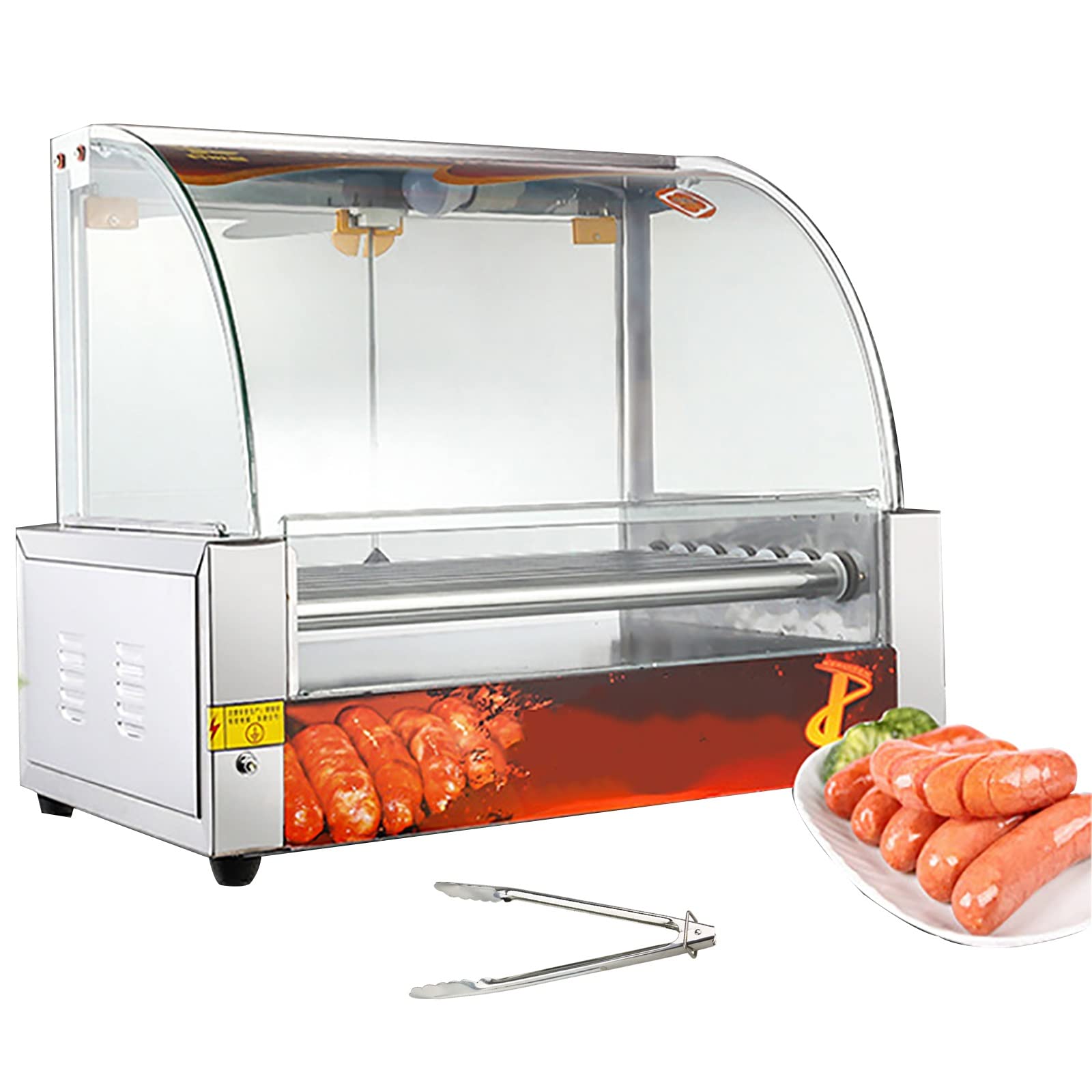 Hot Dog Roller Machine, Acero inoxidable de grado eléctrico 18 Hot Dog 7 Roller Hot Dog Salchicha Grill Cooker, con bandeja de goteo de acero inoxidable extraíble, cubierta de campana de vidrio y lu