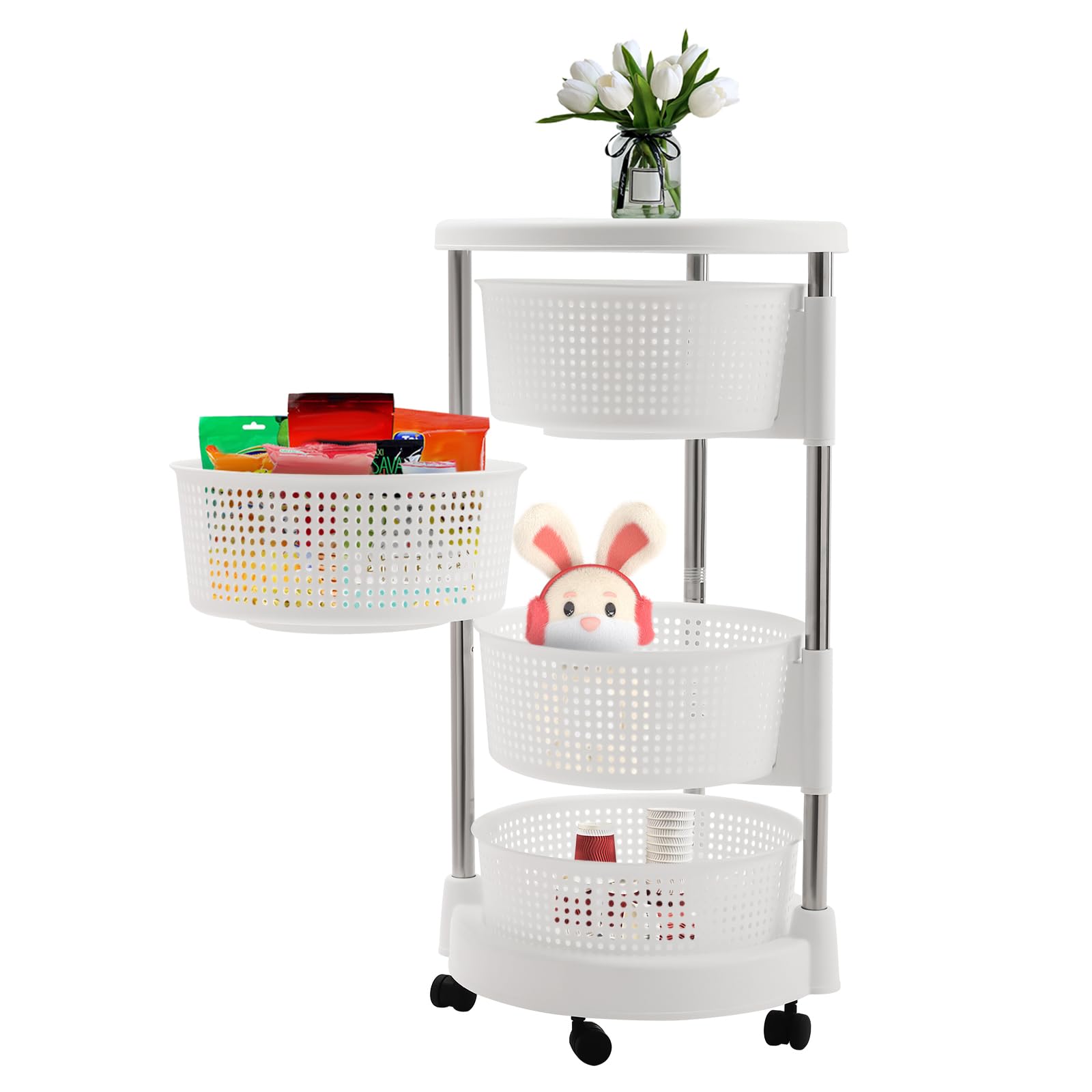 Carrello da cucina mobile a 4 livelli, cestino girevole a 360°, 5 ruote per mobilità, per cucina e campeggio, con cesti a rete incassati