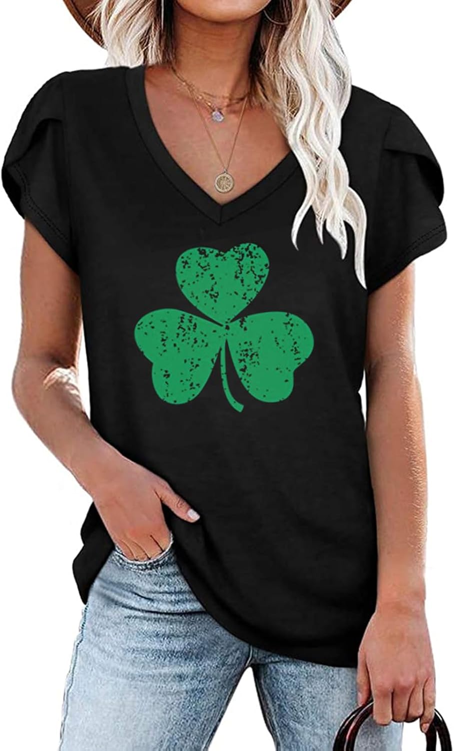 Roshop St Patricks Day Shirt Women Petal Sleeve V Neck Lucky Clover Irish Shamrock Shirts