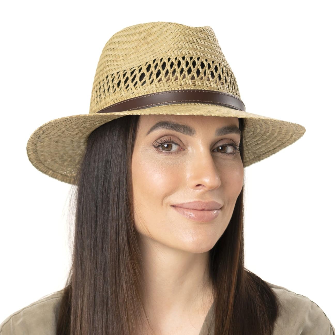 Lipodo Classic Traveller Leather Band Straw Hat Women/Men Nature 7 1/2-7 5/8