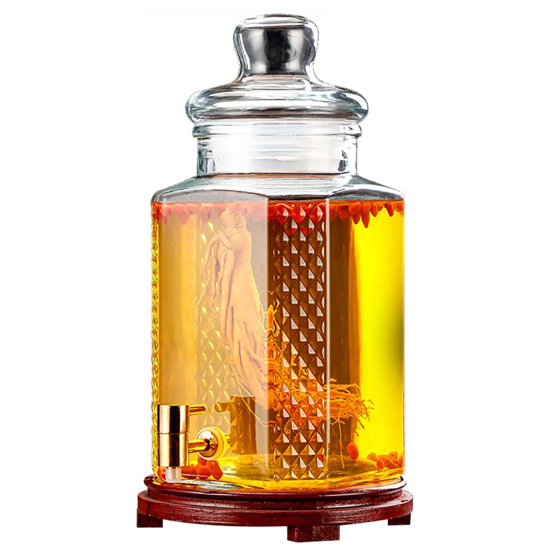AYCDL 5L Glass Beverage Drink Dispenser with Stainless Steel Spigot Leakproof Cold Drink Juice Container Large Capacity Water Dispenser with Dustproof Glass,5l-copper Spigot-Low Wood Base