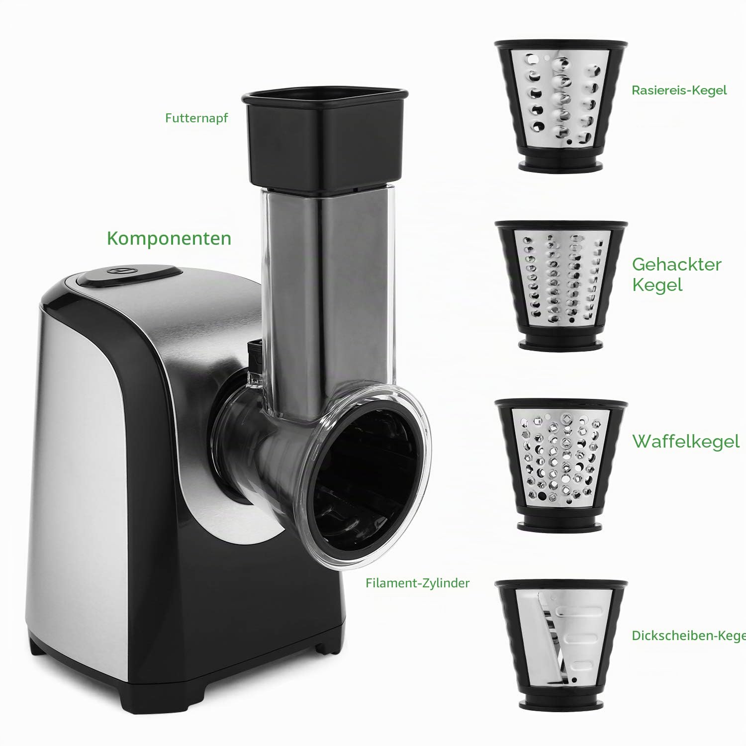 Elektrische Reibe 150W - 5-in-1 Gemüseschneider Elektrisch mit Kartoffelreibe & Gemüsereibe für Käse, Nüsse, Rösti, Zerkleinerer