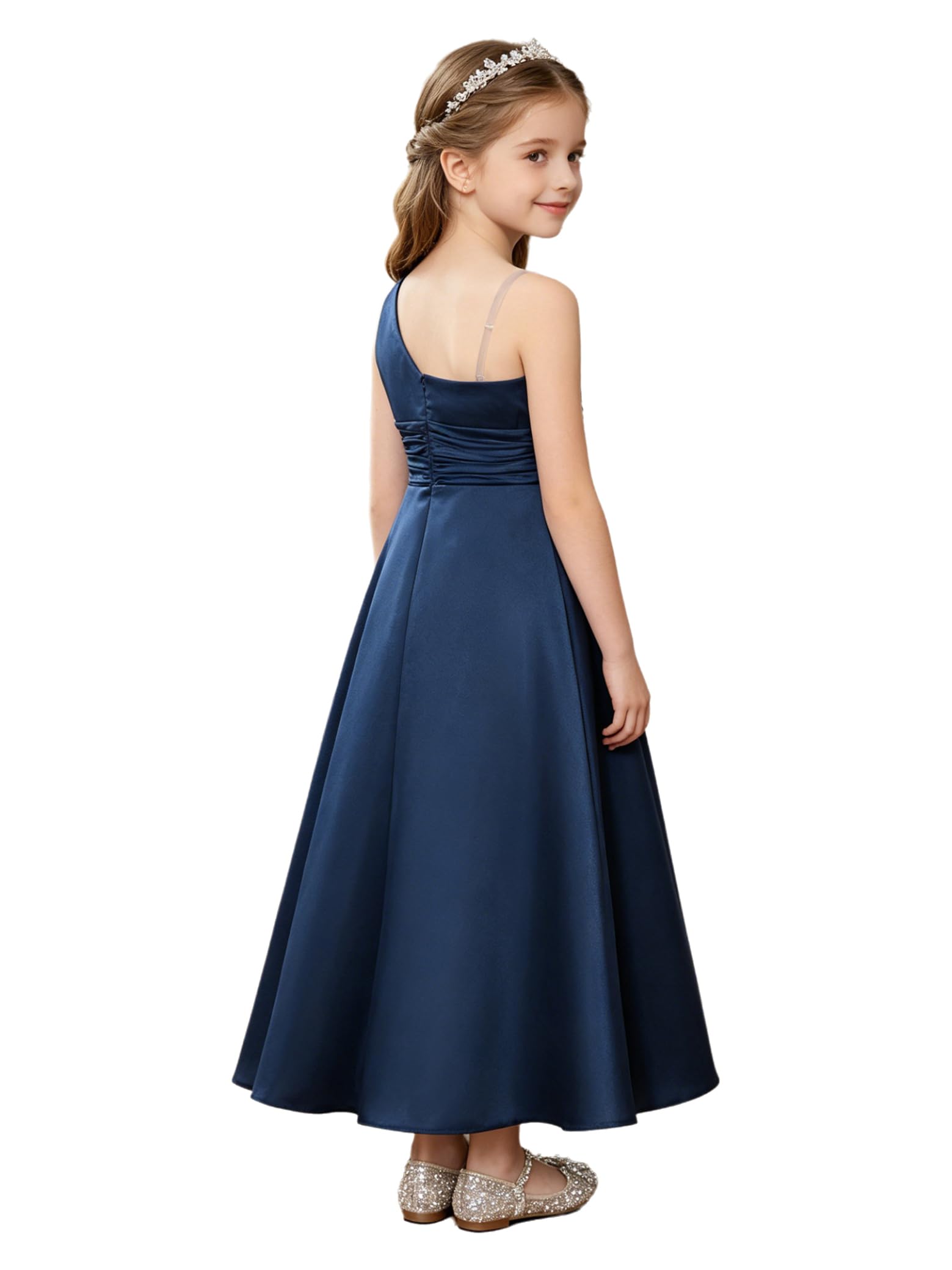 Sxiwei Vestiti Cerimonia Bambine Abiti Sposa Lunghi Abiti Damigelle Onore Fanciulle Fioriere Festa in Seta Spalla Singola con Plissé E Pietre Strass Cocktail Sera