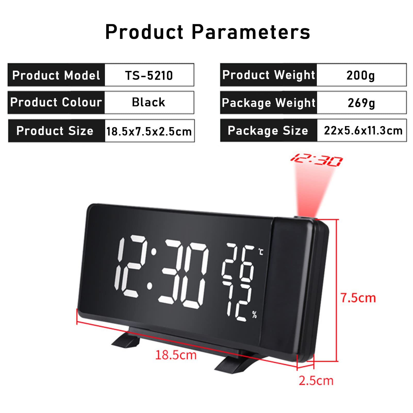 RayGenius Despertador De ProyeccióN Digital con Radio FM, Proyector De 180°, Gran Pantalla De Espejo Led De 7'', AtenuacióN AutomáTica, con Cargador USB para MóVil, NiñOs (Negro)