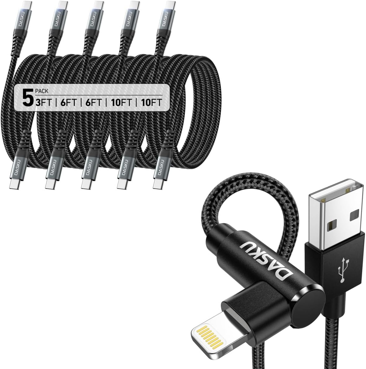 5 Pack [3/6/6/10/10FT] USB C to USB C Cable + 2 Pack 10Ft 90 Degree iPhone Charging Cable