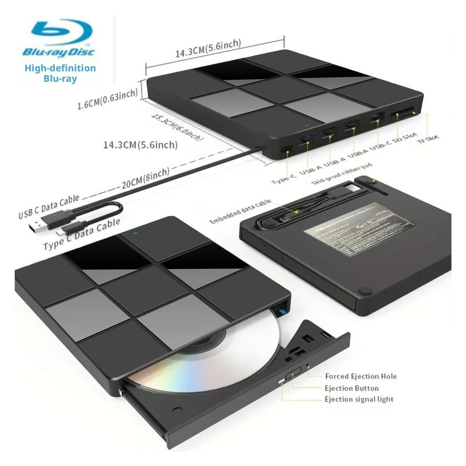 Lettore DVD, Unità ottica portatile USB 3.0 Type-C 7 in 1 UHD 4K Blu-ray BD DVD Burner(Blu-ray Player)