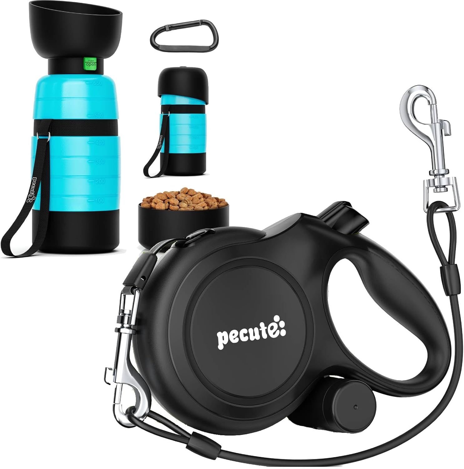 Pecute Outdoor Adventure Bundle: 26FT Retractable Dog Leash with Chew-Proof Cable & Poop Bag Holder + 22oz Portable Dog Water Bottle with Food Container, Leakproof BPA-Free for Hiking Travel