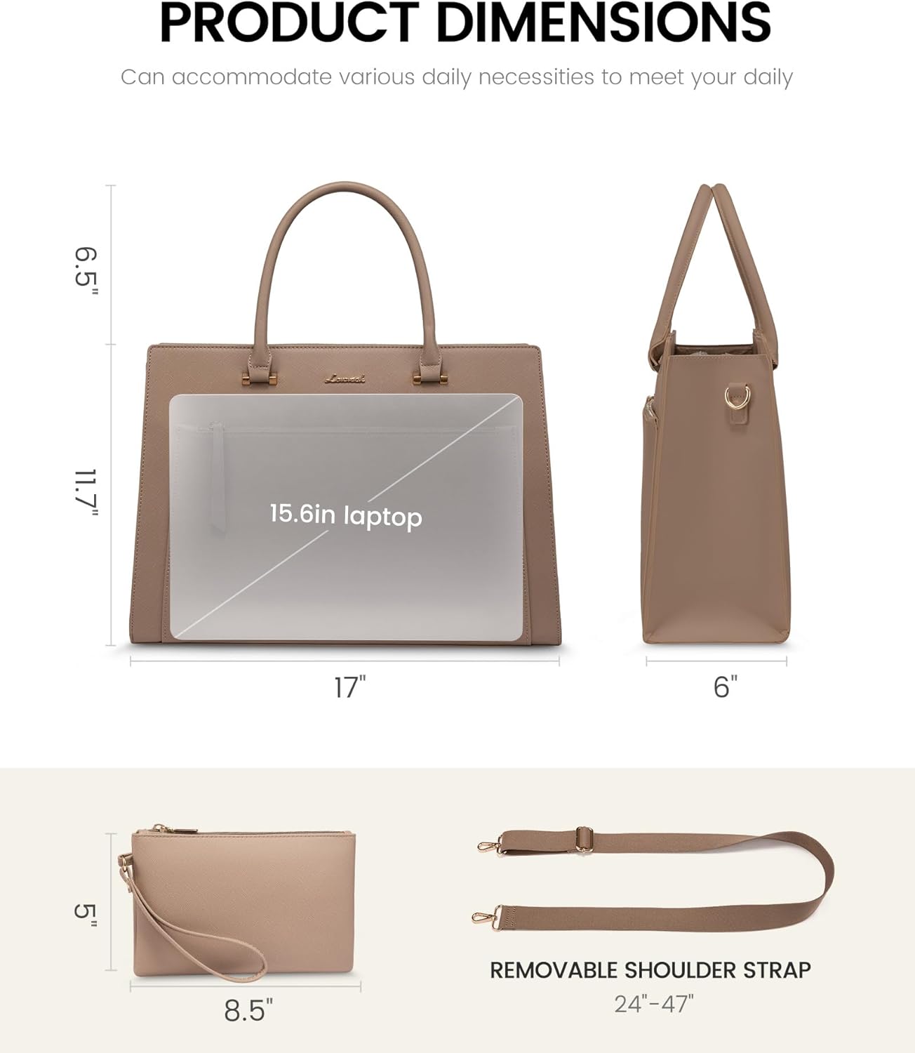 LOVEVOOK Laptop Bag for Women 15.6 Inch Tote Work Bag Leather Computer Briefcase Waterproof Business Teacher Office Bag Handbag with Small Clutch,Light Khaki - Image 5