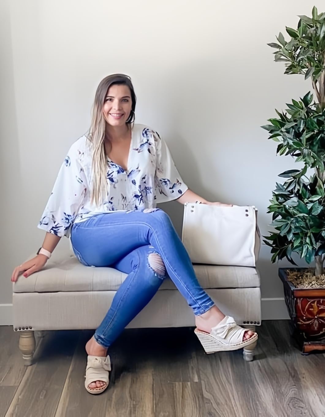 Women's Casual Floral Blouse Batwing Sleeve Loose Fitting Shirts Boho Knot Front Tops - Image 3