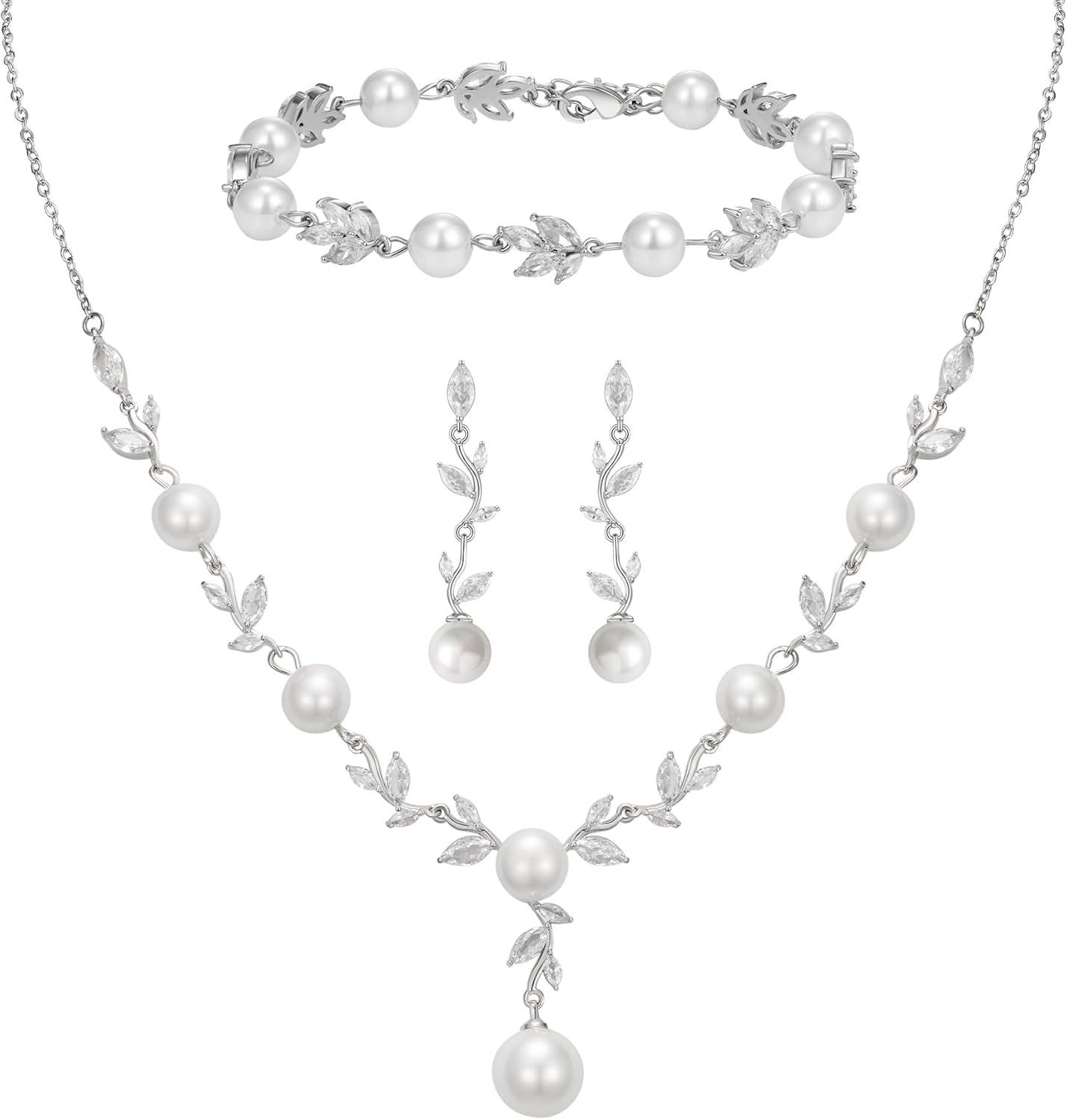 SWEETV Jewelry Set for Bride Women, Cubic Zirconia Pearl Bridal Earrings Necklace Bracelet Set, Bridal Jewelry Set for Wedding Prom