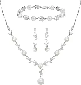 SWEETV Jewelry Set for Bride Women, Cubic Zirconia Pearl Bridal Earrings Necklace Bracelet Set